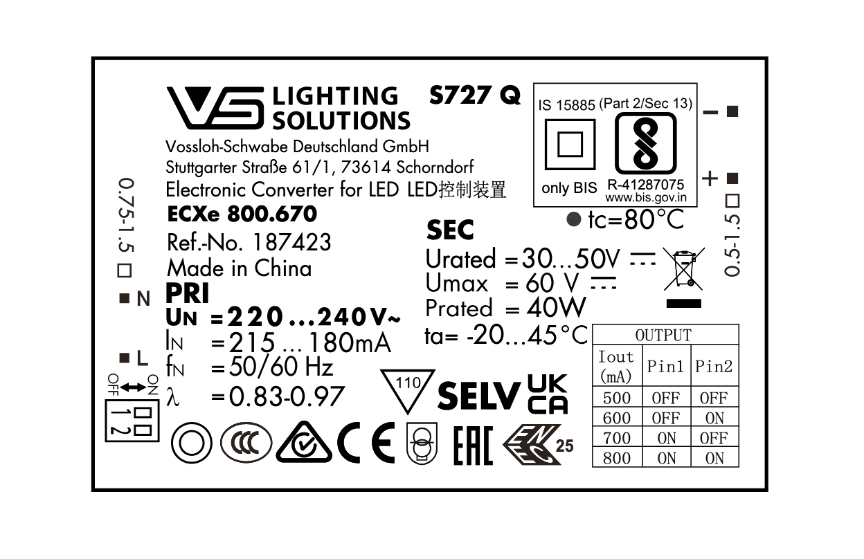 Driver LED 40W 500-800mA Vossloh-Schwabe IP20