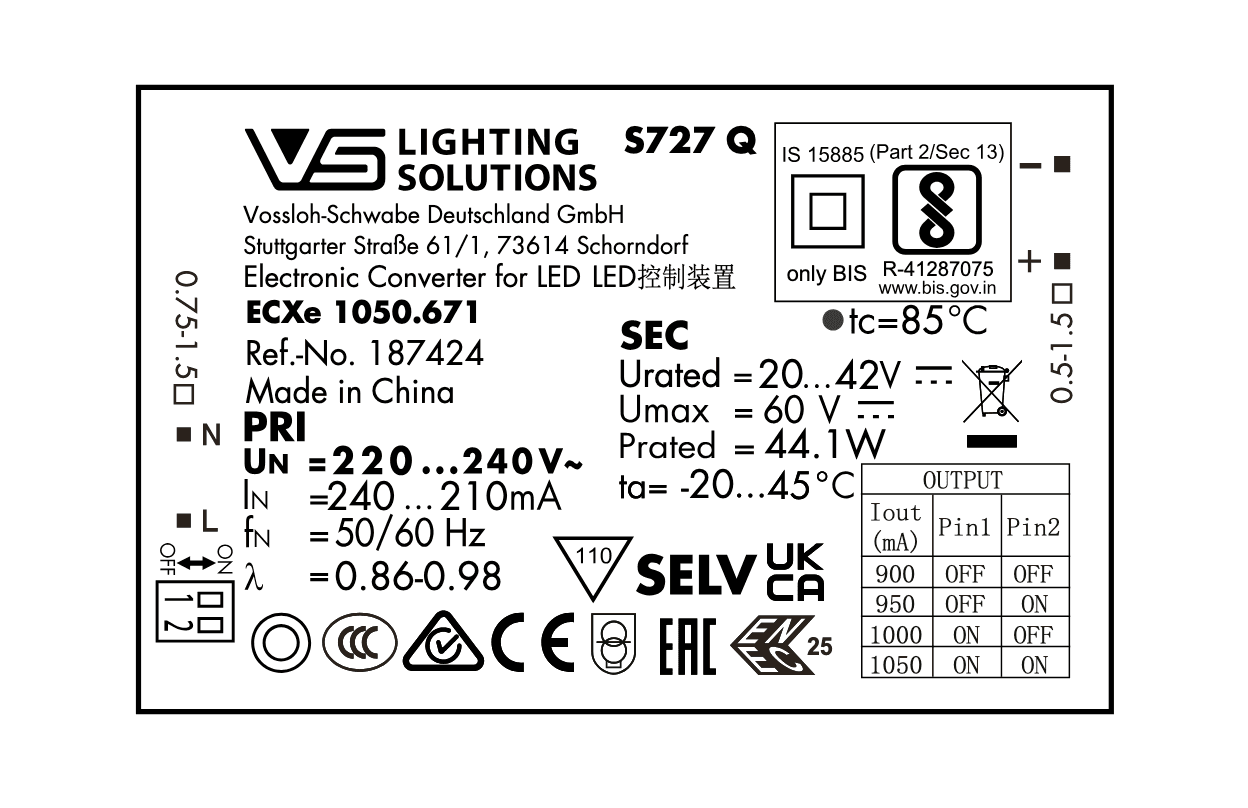 Driver LED 44W 900-1050mA Vossloh-Schwabe IP20