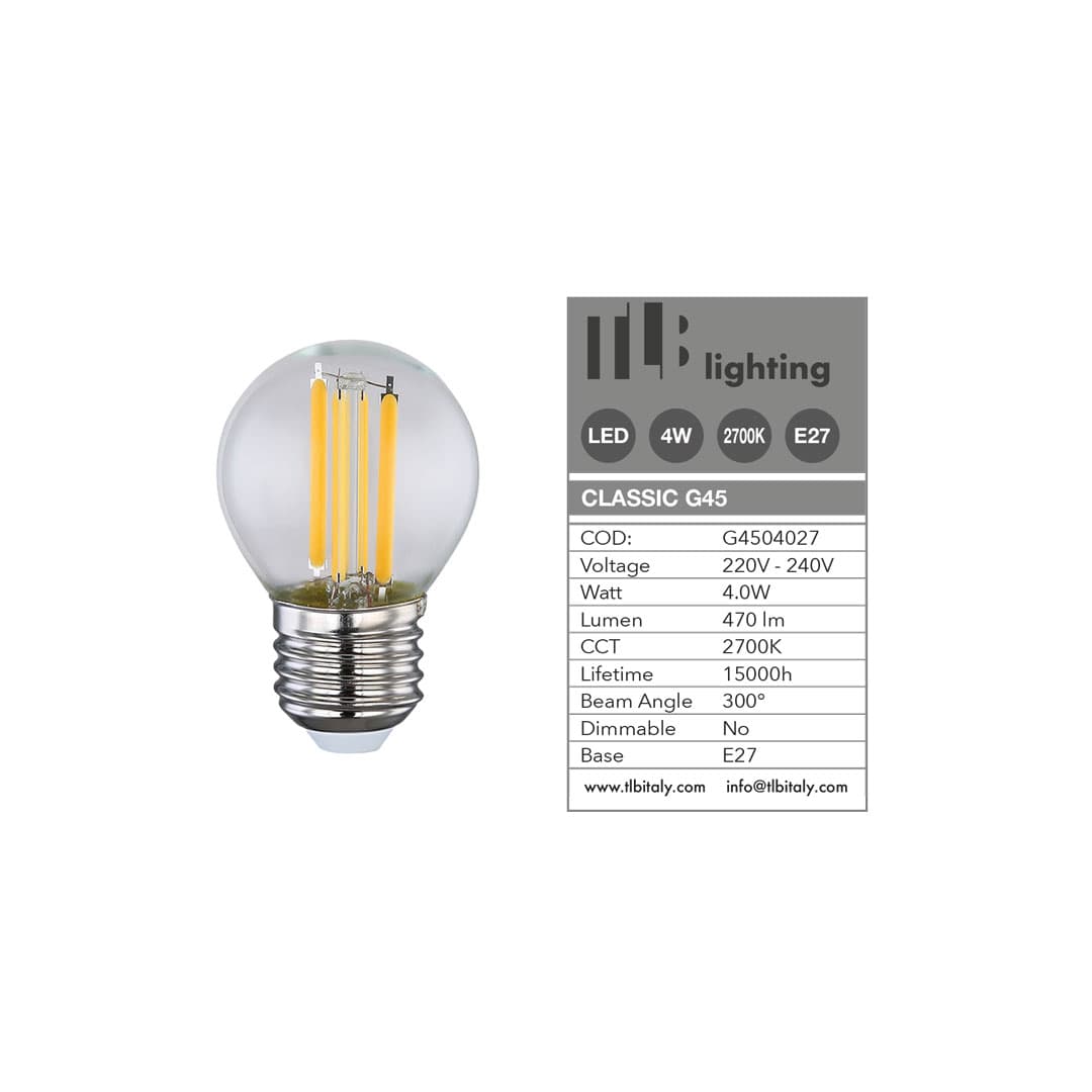 Lampada LED Sfera G45 4W 2700K E27 Filamento TLB