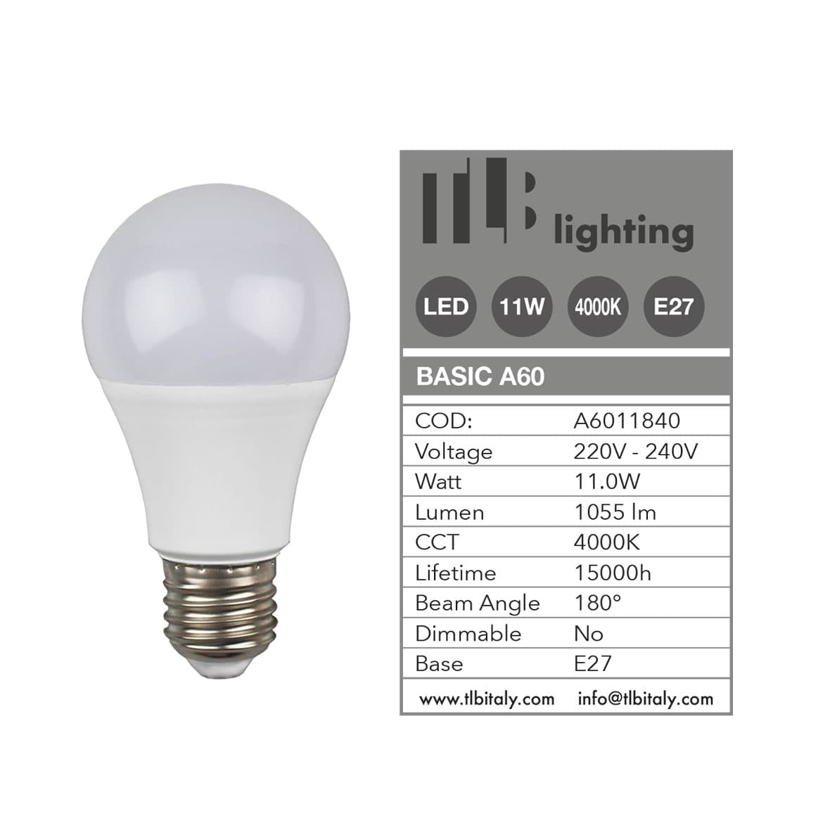 Lampada LED Goccia A60 11W 4000K E27 TLB