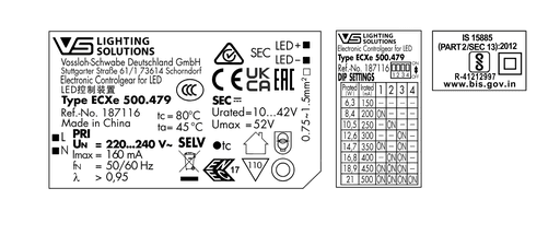 Controlador LED de 21 W, 150-500 mA, Vossloh-Schwabe, IP20