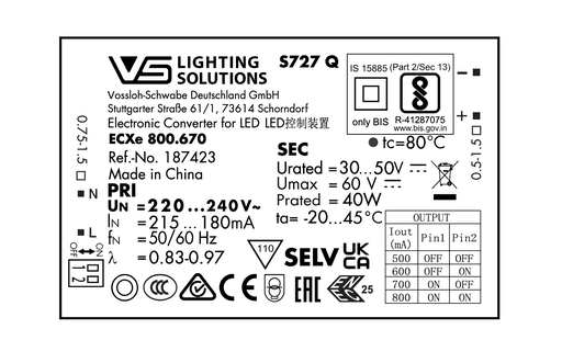 Controlador LED de 40 W, 500-800 mA, Vossloh-Schwabe, IP20