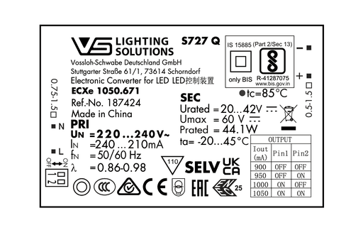 Controlador LED de 44 W, 900-1050 mA, Vossloh-Schwabe, IP20
