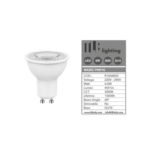 Lámpara LED PAR16 de 6 W, 3000 K, casquillo GU10, 60°, TLB