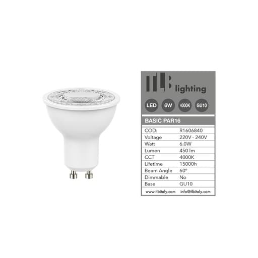 Lámpara LED PAR16 de 6 W, 4000 K, casquillo GU10, 60°, TLB